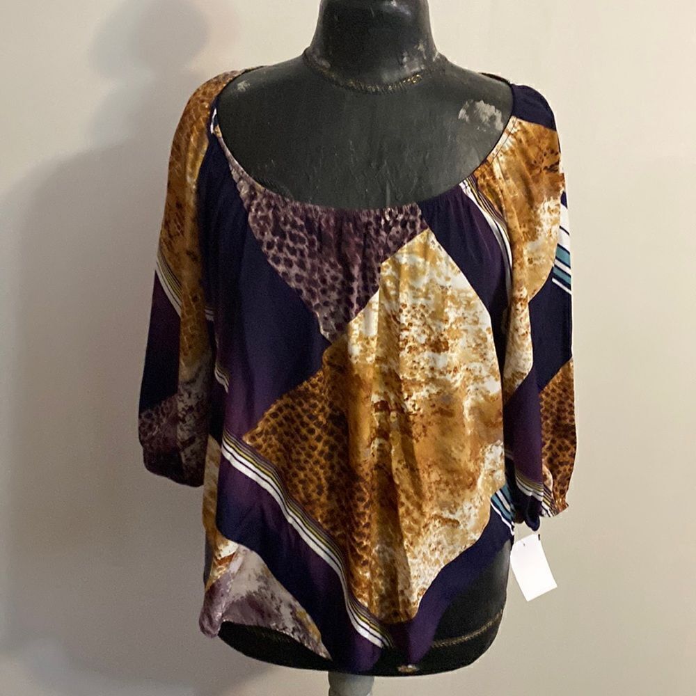 Glam multi-color swoop neck off the shoulder top, size Large